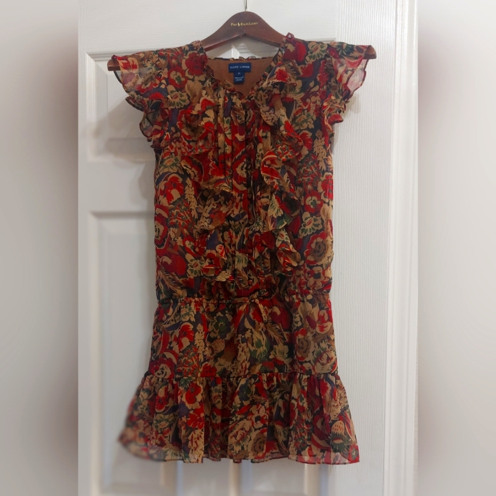 Ralph Lauren Girl Floral Ruffle Dress Brown